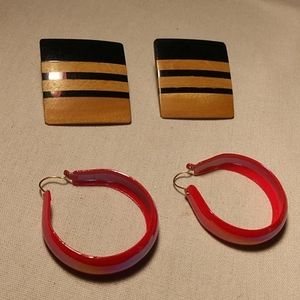 Vintage Pair Pierce Wood & Metal Pierced Earrings